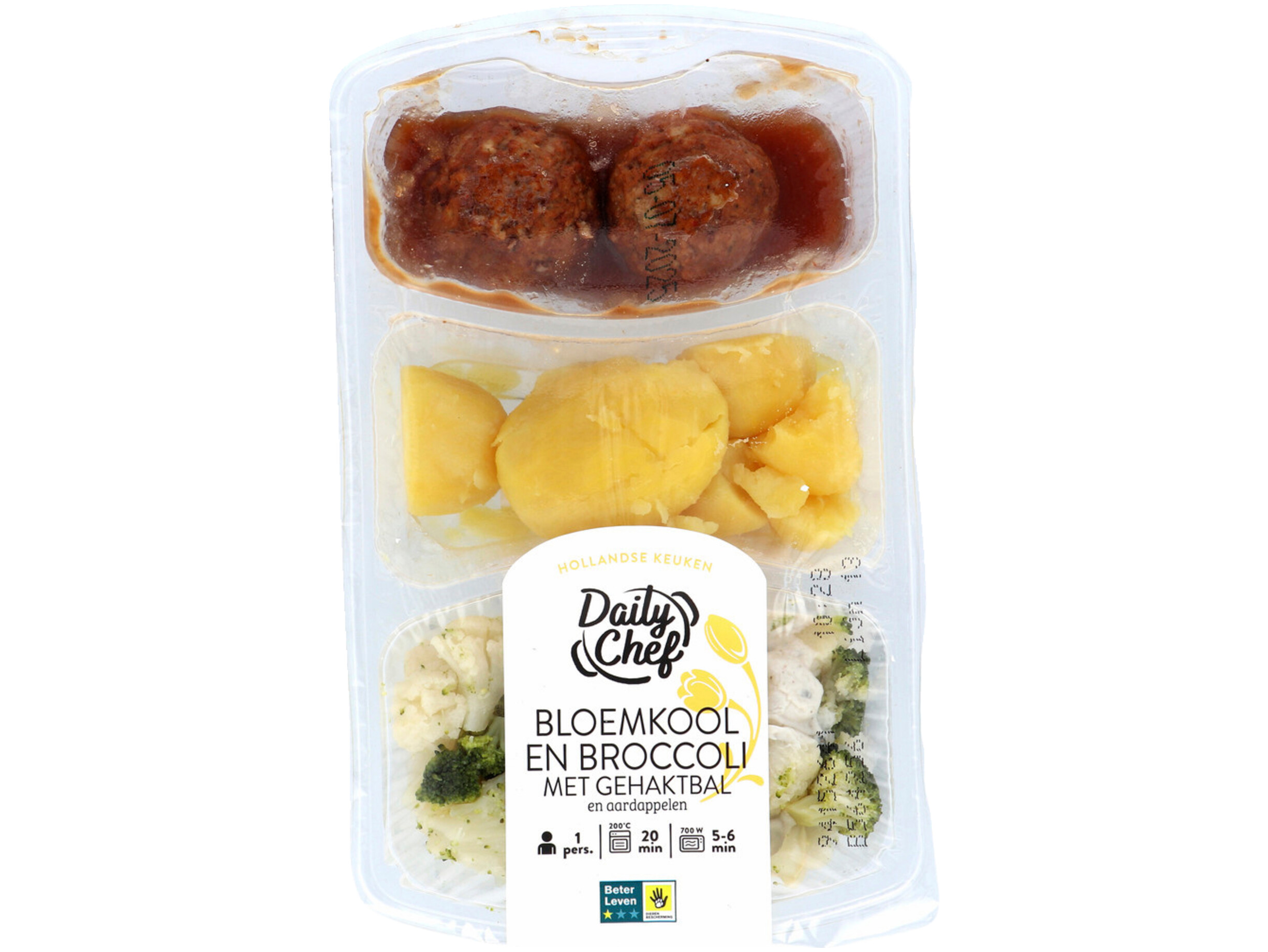 Bloemkool en broccoli met gehaktbal en aardappels
