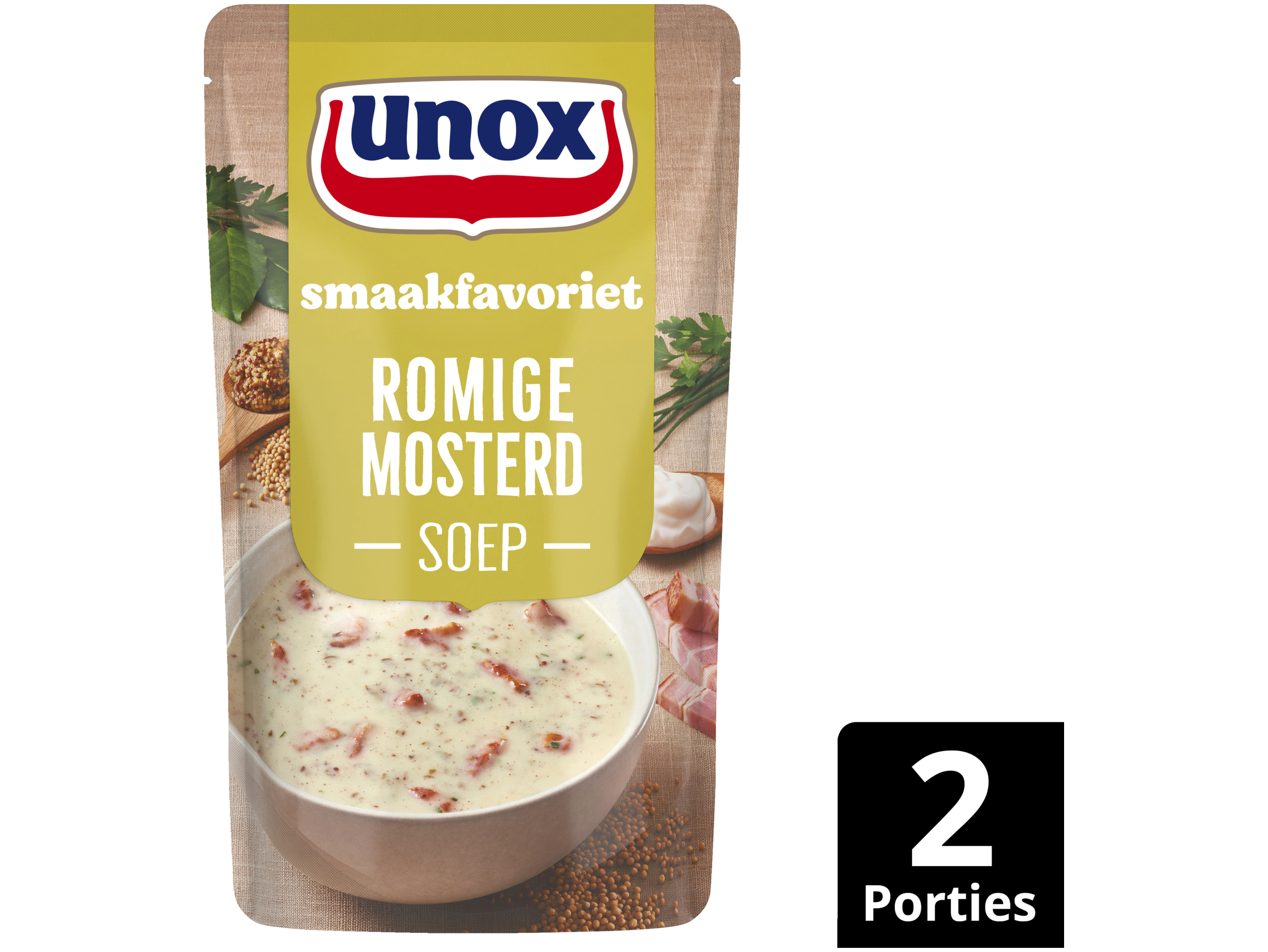 Soep in zak romige mosterdsoep