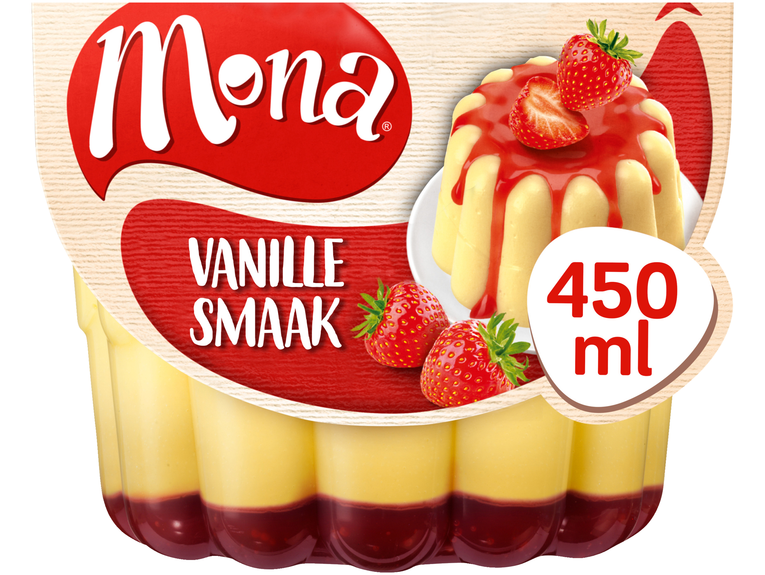 Vanillesmaak pudding met aardbeiensaus