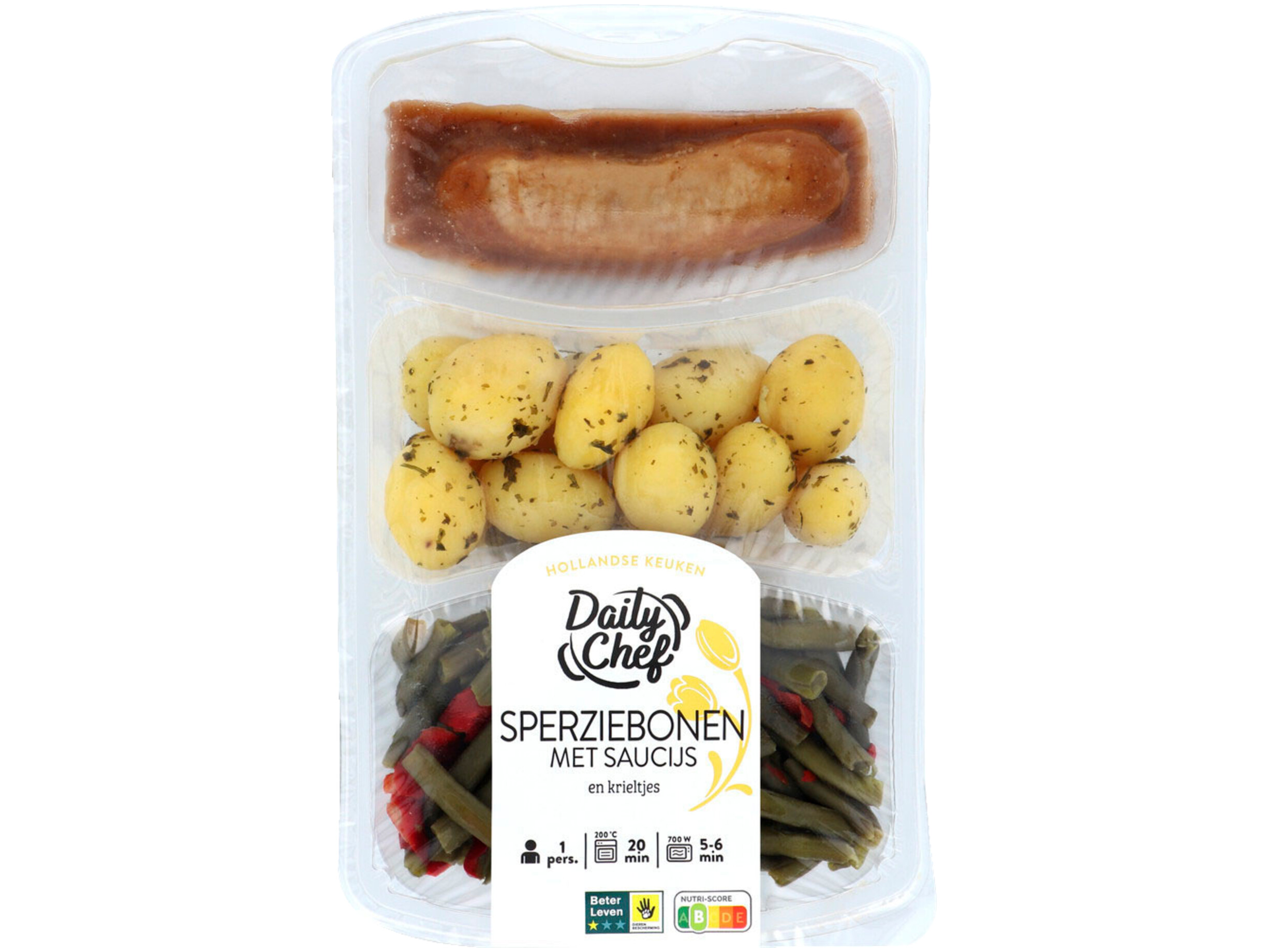 Sperziebonen met saucijs en krieltjes